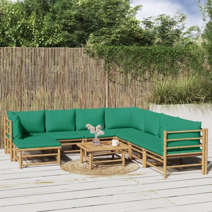 VidaXL Salon de jardin 9 pcs avec coussins vert bambou 3155164