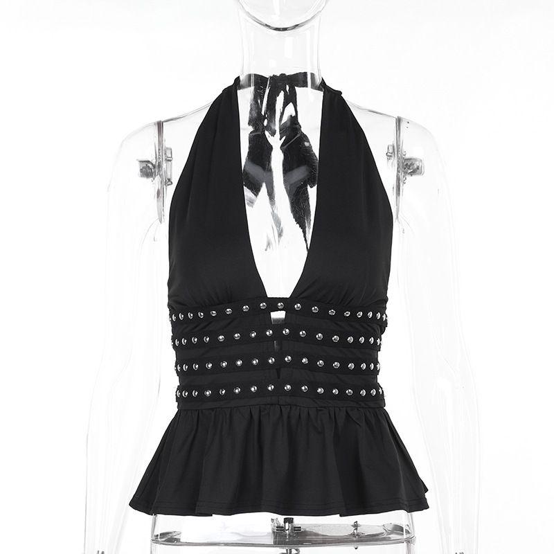 European and American Foreign Trade New Women clothes Hanging Neck Deep V Hot Nail Backless Strap Fashion Sexy Night Show Gyaru Waist Girdle Top