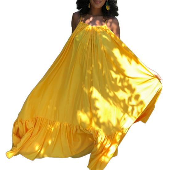 Maxi Dress Backless Casual Floor-length Solid Color Big Swing Strap Pocket Sling Dress for Beach