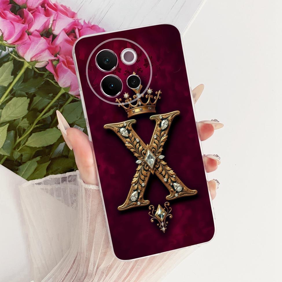 

For Vivo V2341 Case For Vivo V40 Lite 5G Cover Transparent Luxury Crown A-Z Letters 2D Flat Pattern Soft Casing V40 Lite 5G V2341