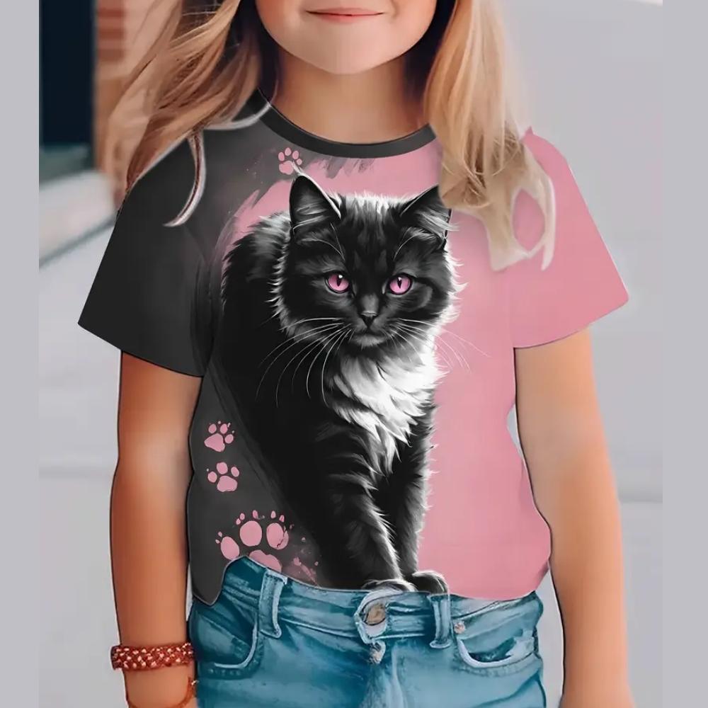 Clothes for Girls 3D Print Cute Cat Crew Neck Graphic T Shirts Summer Play Streetwear Kawaii Girl Outdoor Clothes for Children