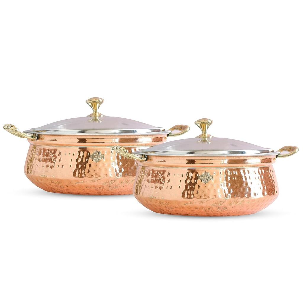 Steel Copper Hammered Design Handi/Bowl/Casserole With Toughened Glass Lid & Brass Knob & Handles, Volume-400 Ml, Pack of 2