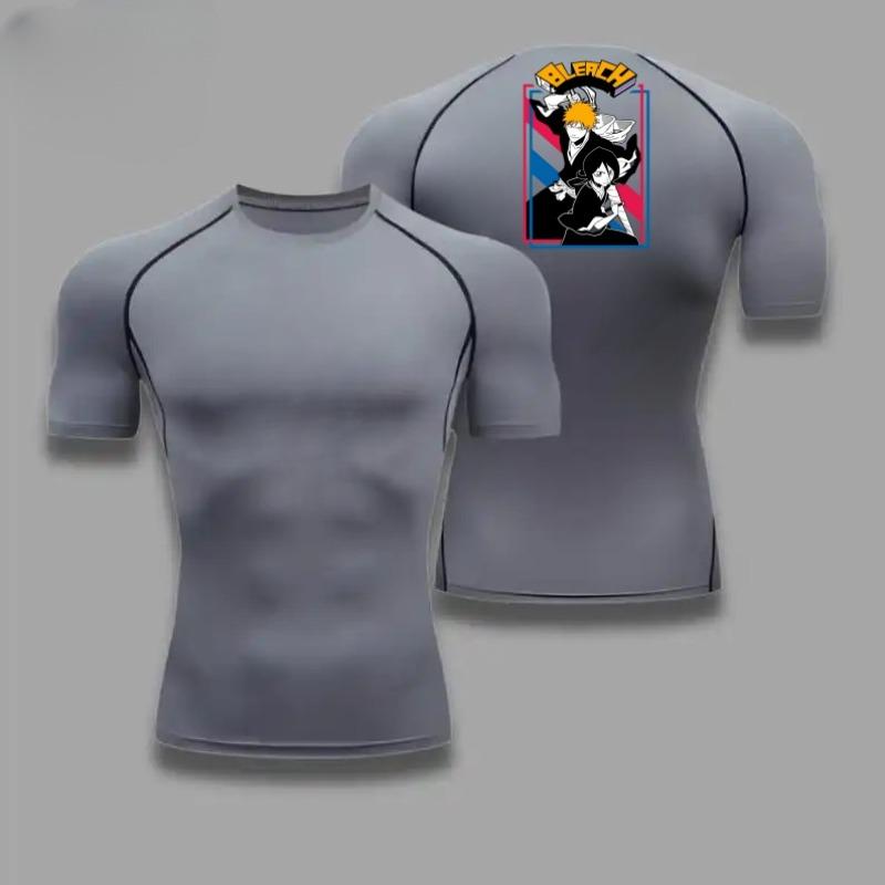 Bleach Comfortable Fitness T-shirt for Men Graphic Breathable Slim Fit Top Summer Gym Jogging Training Elastic Fitness Suit Tee