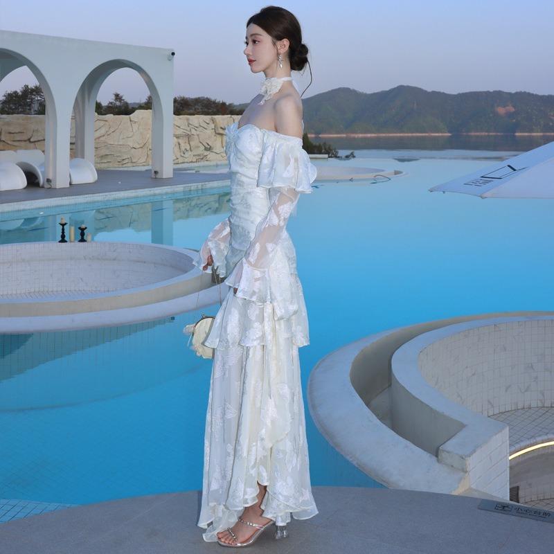 French Mermaid Ji Butterfly Jacquard Dress Lotus Leaf Edge Long Sleeve Light Luxury Dress