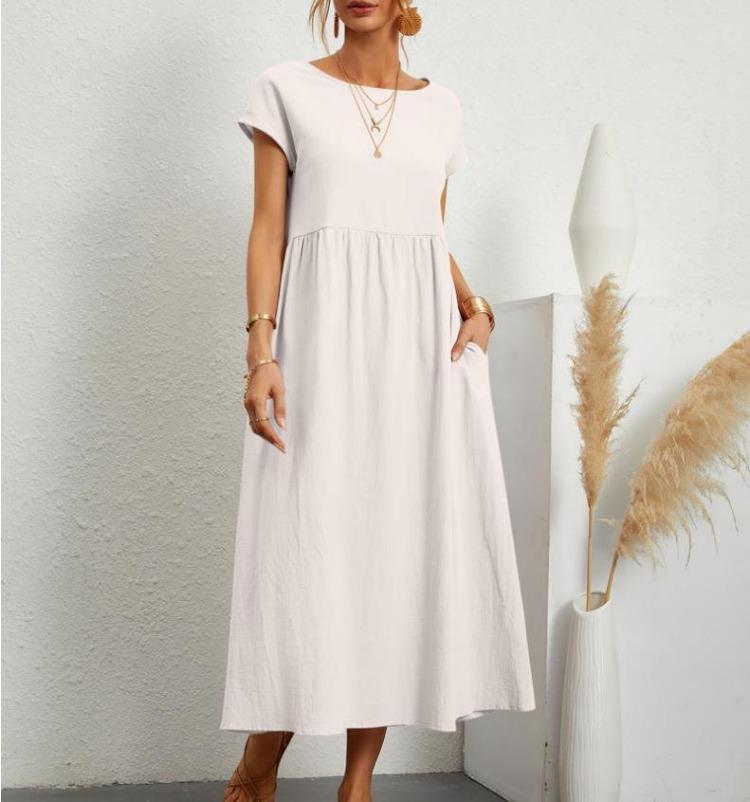 Summer Women Casual Loose Fit Sleeveless Cotton Linen Dress Solid Color Pocket