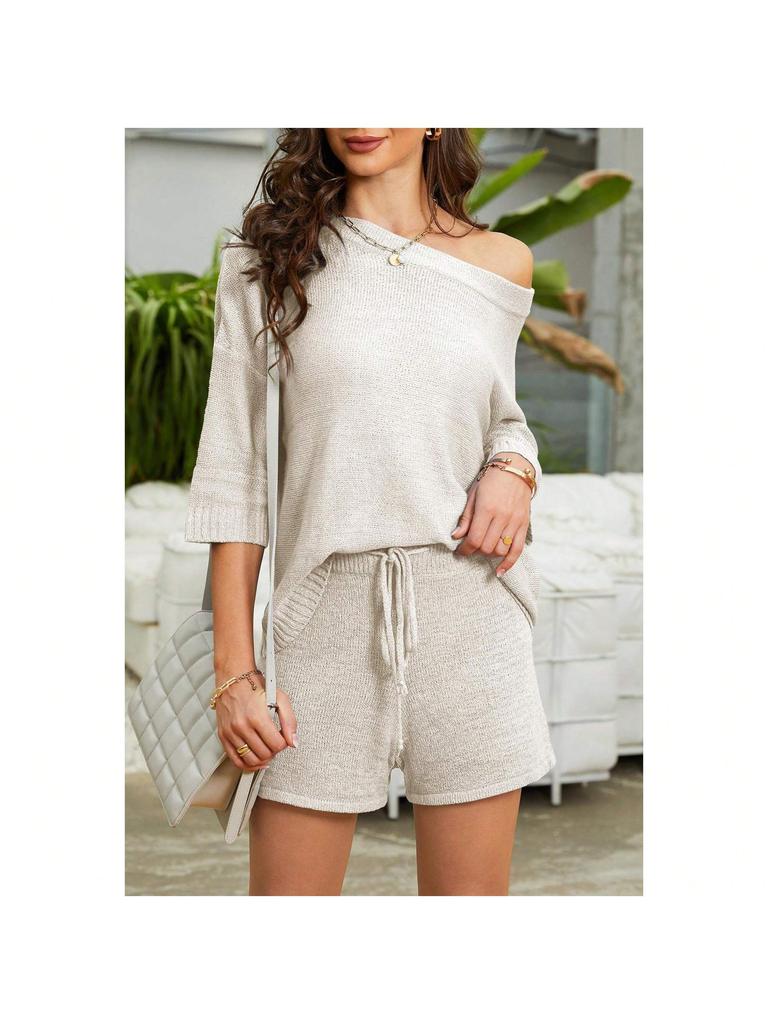 Women's Two Piece Knit Lounge Set Off Shoulder Top and Shorts Matching Cute Pajama Outfit