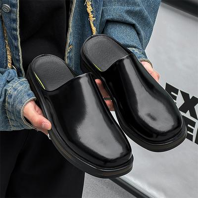 Mules Plataforma de Couro Envernizado Meia Sapatilha Masculina Chinelos Sola Grossa Sem Costas Sapatos Casuais Loafers Semi-Drag Chinelos Masculinos