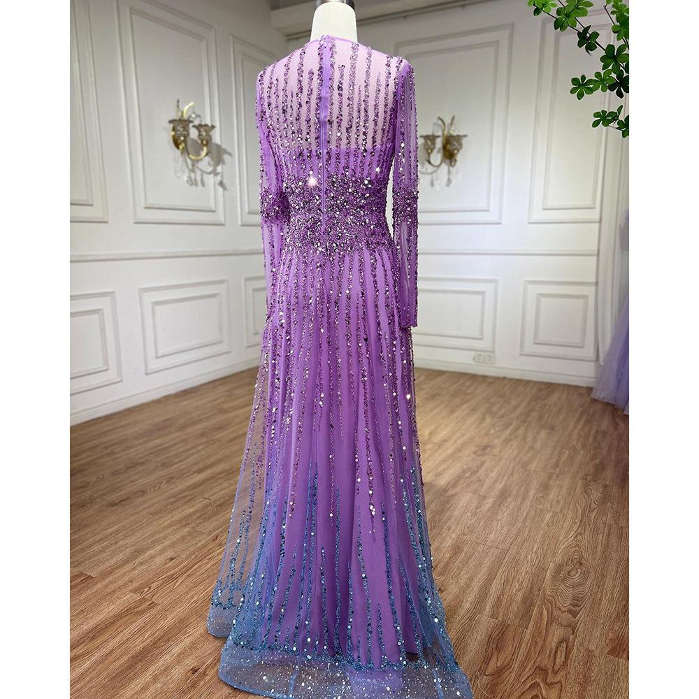Purple elegant slim-fitting long-sleeved meat-covering bead long skirt banquet skirt performance host evening dress LA11901