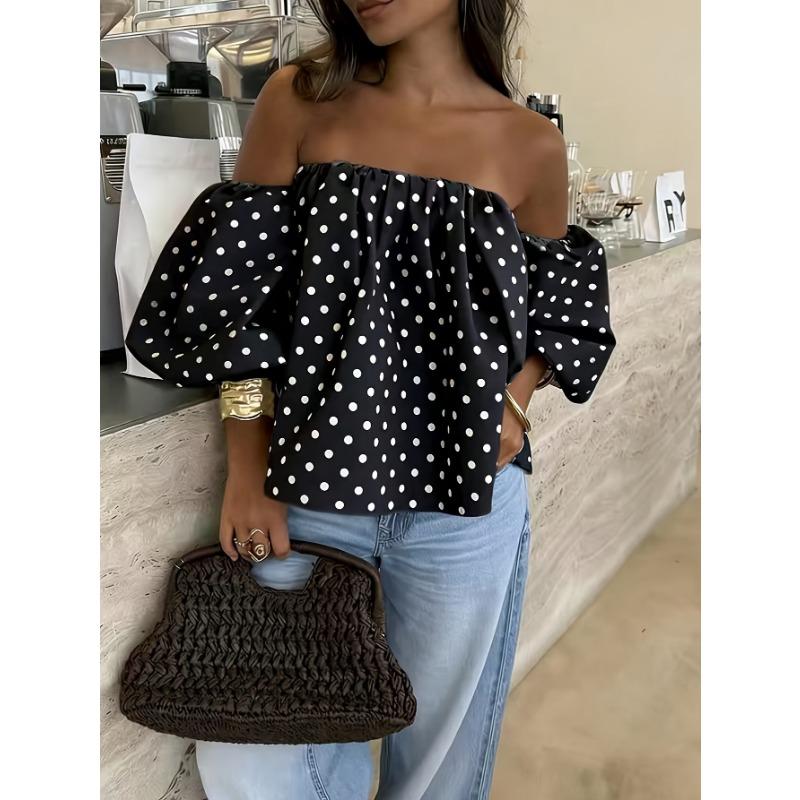 Camisa Casual de Verano para Mujer, de un Hombro, Manga Corta Abullonada, Lunares