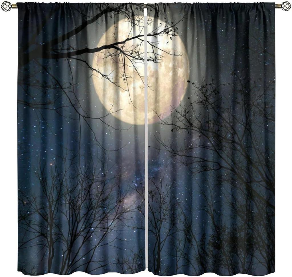 Gothic Dark Misty Forest Curtains Mysterious Horror Foggy Dim Dead Jungle Under Strange Bright Moon Thermal Insulation Blackout Made Of Polyester