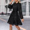 Women Autumn Winter Long Sleeve Print Elegant V-neck A-Line Mid-Length High Waist Dress
