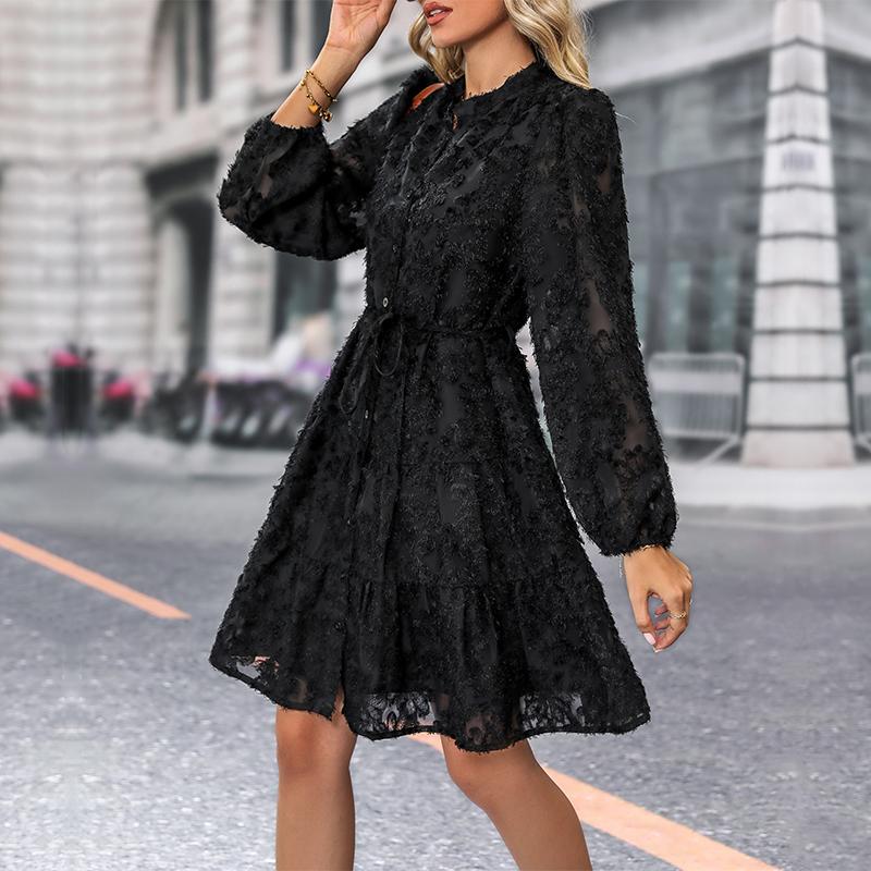 Abito da donna autunno inverno a maniche lunghe con stampa elegante scollo a V a vita media di media lunghezza