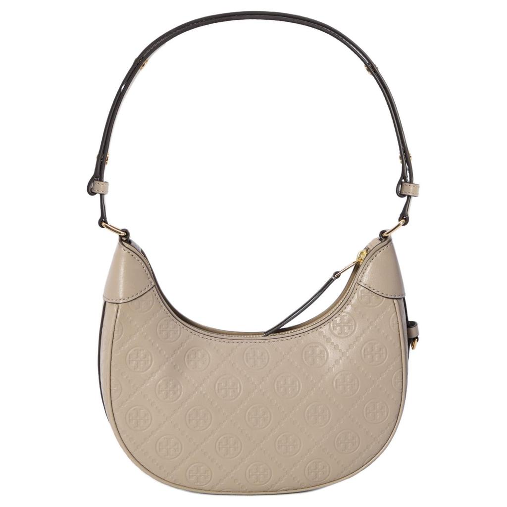 Tory Burch T Monogram Crescent Embossed Pattern Zip Closure Leather Shoulder Tote Bag Women Bags Gray 158514-202