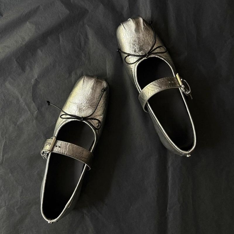 

Cowhide version~ niche design square head bow one-word buckle with Mary Jane women s shoes flat casual temperament single shoes 40 серебряный