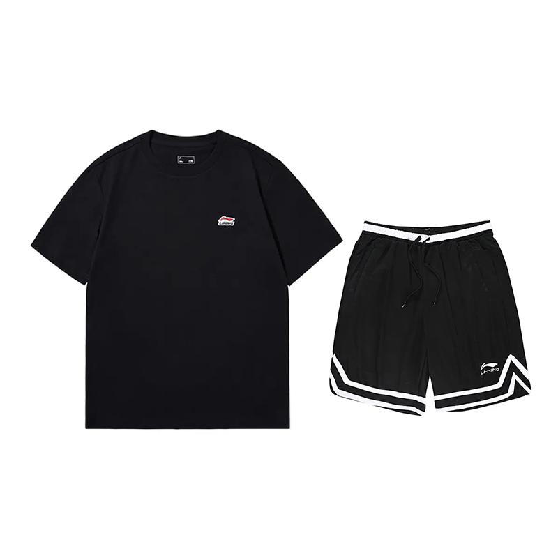 Li-Ning Loose Fit Round Neck Short Sleeve T-Shirt Fashion Simple Striped Shorts Casual Sports Suit Unisex suit Black AHSU801-2+YAPV001-1