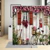 Chinese Style Shower Curtain Vintage Wood Board Garden Building Green Plant Floral Pattern Bathroom Decor Bath Curtain with Hook