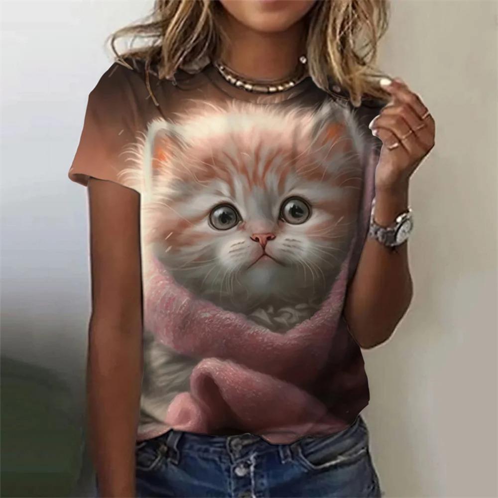 Women's T Shirts Funny 3D Kawaii Cat Print T-Shirts Fashion O-neck Short Sleeve Top Female Y2k Clothing Cute Clothes