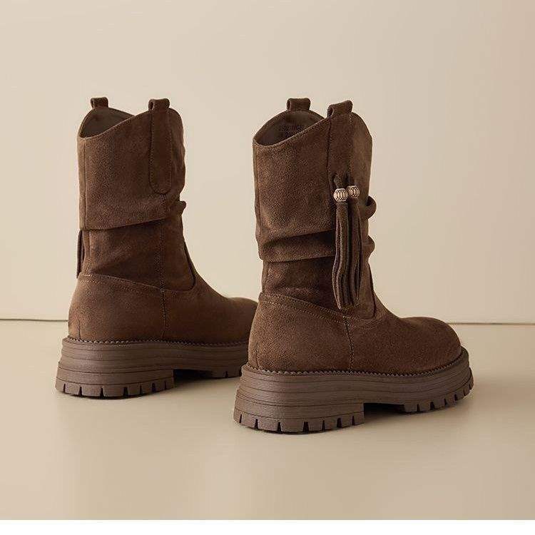 Kurze Stiefel Plateau-Stiefel Herbst/Winter 2025 Neu Ladmartin Vintage Western Midtube Stiefel mit Plüschfutter