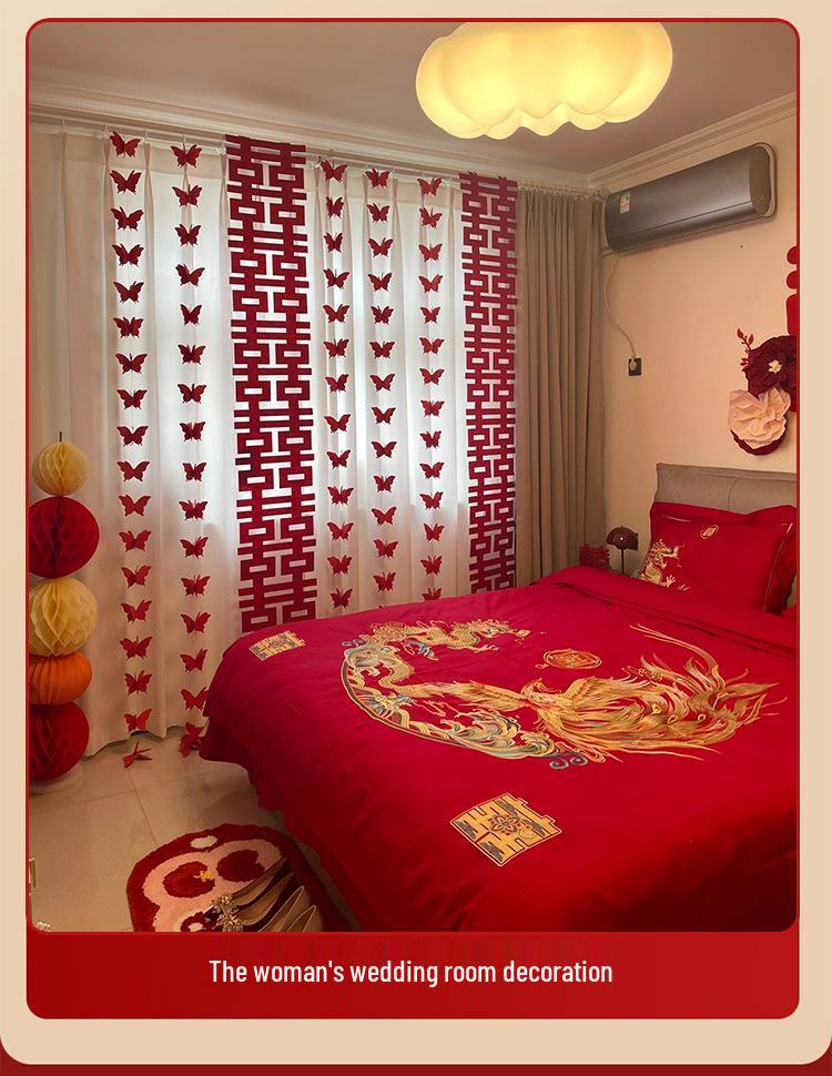 3D Butterfly Wedding Room Decoration Set: Double Happiness Curtains and Pull Flower Ornaments