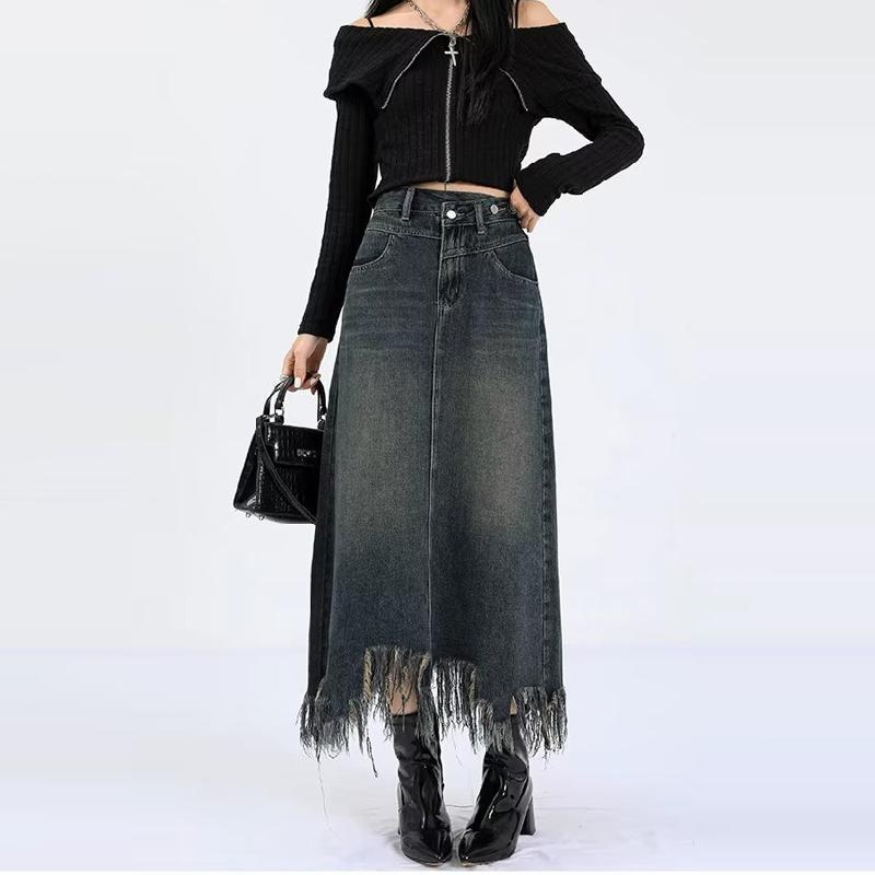 Saia Midi Retrô Jeans A-line para Mulheres Moda Franja Bainha Cintura Alta Roupa Estilo Coreano Primavera Outono