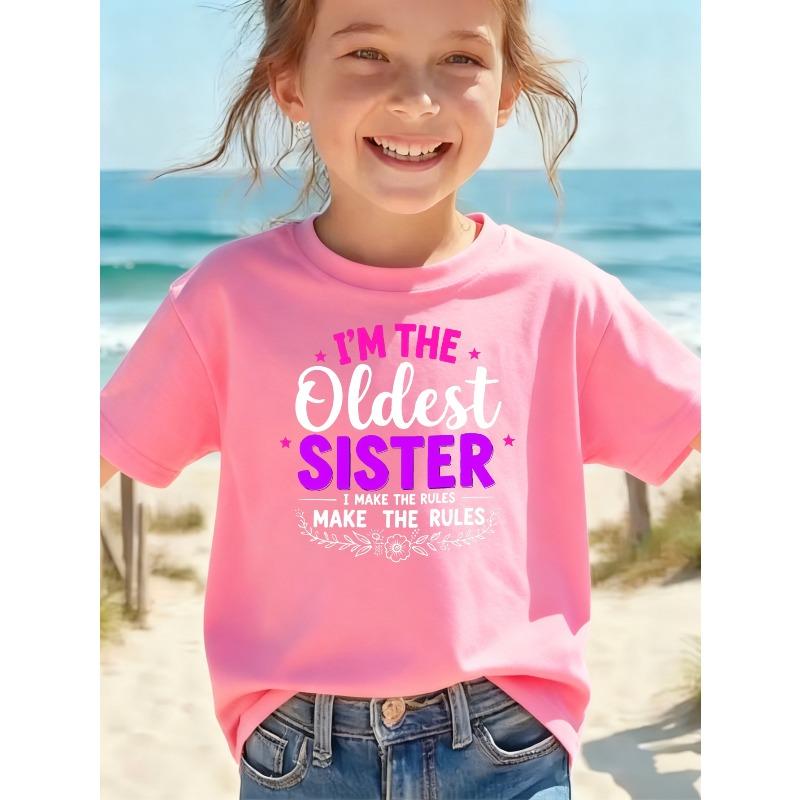European sizes Cute And Playful Kids T Shirt With I M The Oldest Sister I Make The Rules Text Design In Pink And Black Colors Featuring Floral Accents