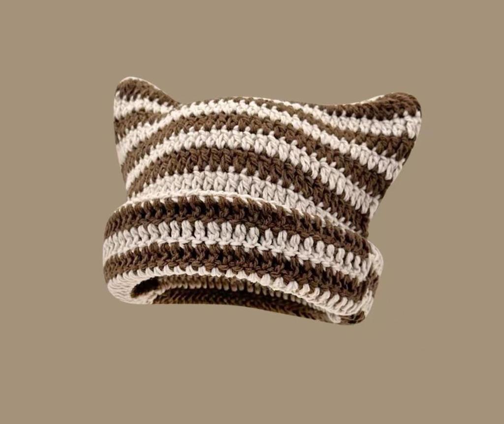 Women's Cute Japanese Cat Ear Wool Hat - Warm & Versatile for Autumn/Winter, Striped, Couple's Pullover Style.