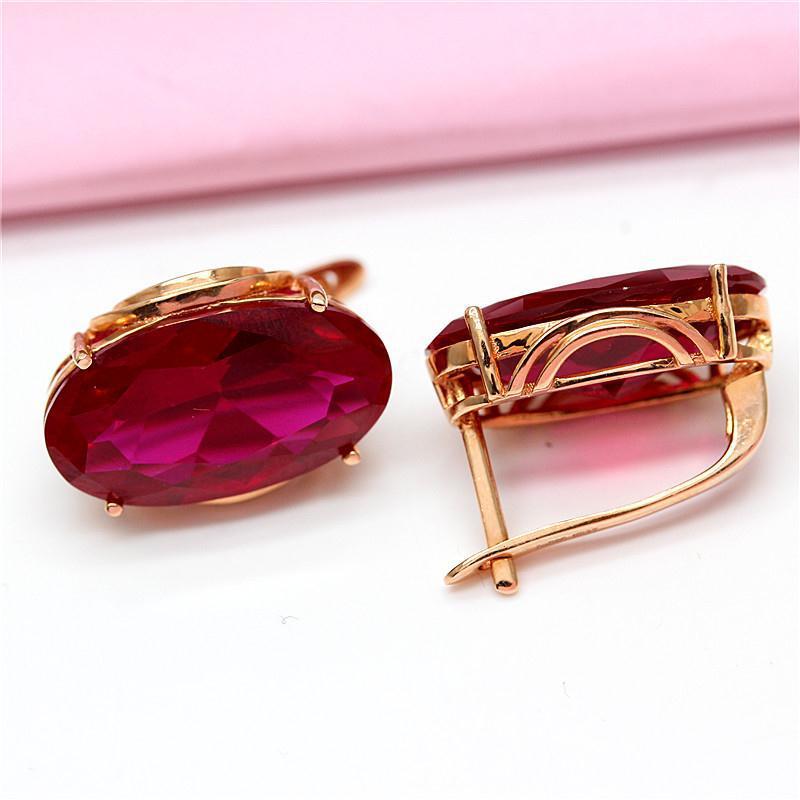 Exquisite Russian 585 Purple Gold Earrings Rose Gold Plated Inlaid Oval Egg Surface Redstone Foreign Style Fashion Earrings