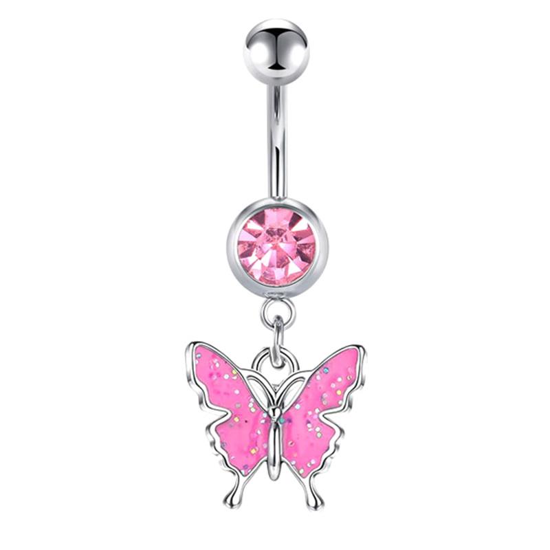 Stainless Steel Pink Dot Drill Navel Ring Nail Butterfly Zircon Simple Navel Buckle Piercing Ornament