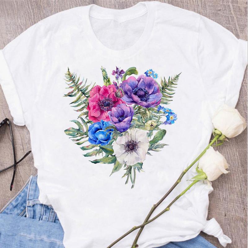 Women's Tops Fashion Flower Floral Print Lady T-shirt Casual Short Sleeve Aesthetic Clothes Shirt T-shirts Female Tops Tees