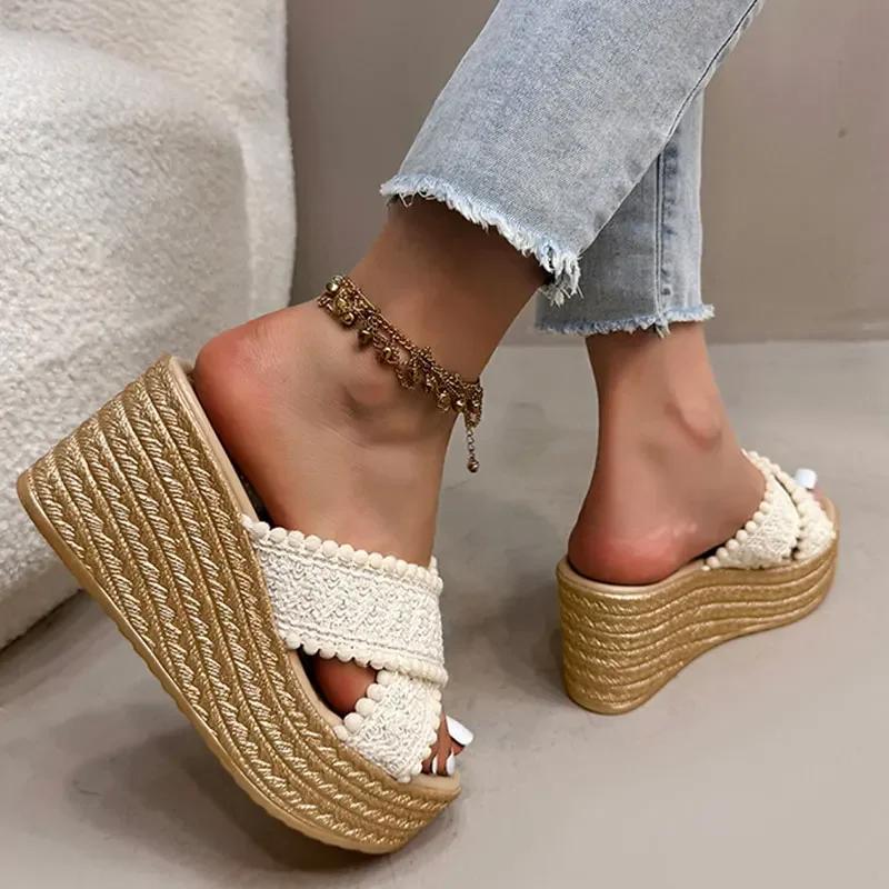 Women\'s Thick Sole Chunky Platform Slippers Cross Band Decor Wedges Sandals for Woman Summer Plus Size Comfort Non Slip Slides