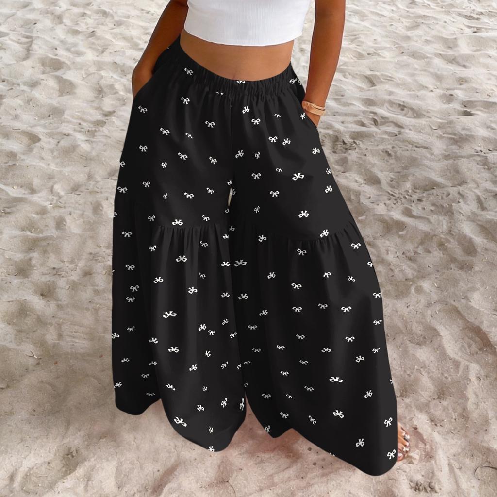 Damen High Waist Weite Beine Hose Lockerer Schnitt Leicht Fließend Bedruckte Lässige Hose Elastischer Bund Palazzo Hose
