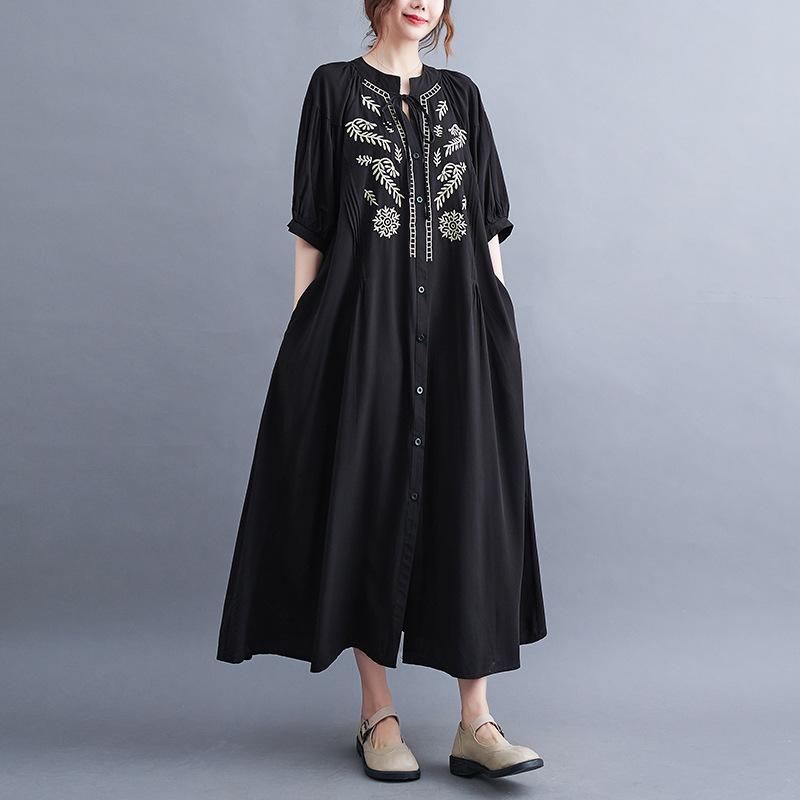 2024 Summer New plus Size Women's Loose and Comfortable Fashion Embroidery Cardigan Casual Mid-Length Dress