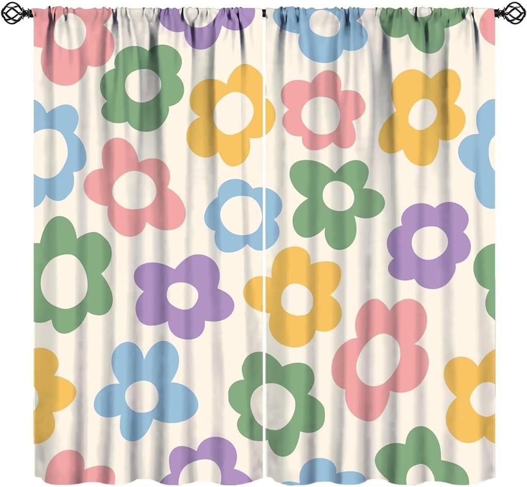 Pink Orange Flower Curtains Girls Bedroom Retro Hippie Groovy Daisy Floral Print Window Treatments Kids Curtain Polyester Ideal For