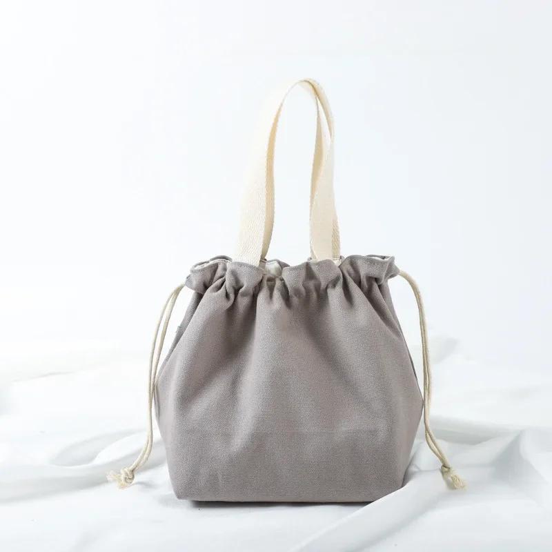 Small Fresh Drawstring Canvas Bag Hand Handbag Japanese Portable Bento Bag Large Capacity Bunched Lunch Box Bag