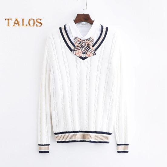 Maglione unisex scollo a V manica lunga coppie uniformi scolastiche vestibilità ampia design color-blocking trama intrecciata stile preppy maglie a maglia