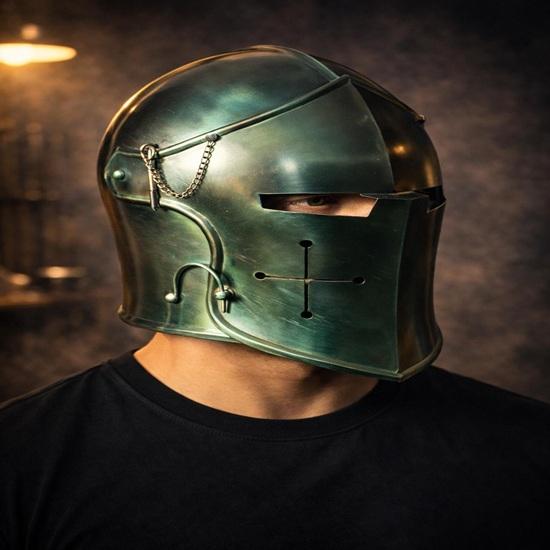 Medieval Barbuta Helmet Green Great Knight Armor Helm Barbuta Steel Replica for LARP, Reenactment, Cosplay Display.