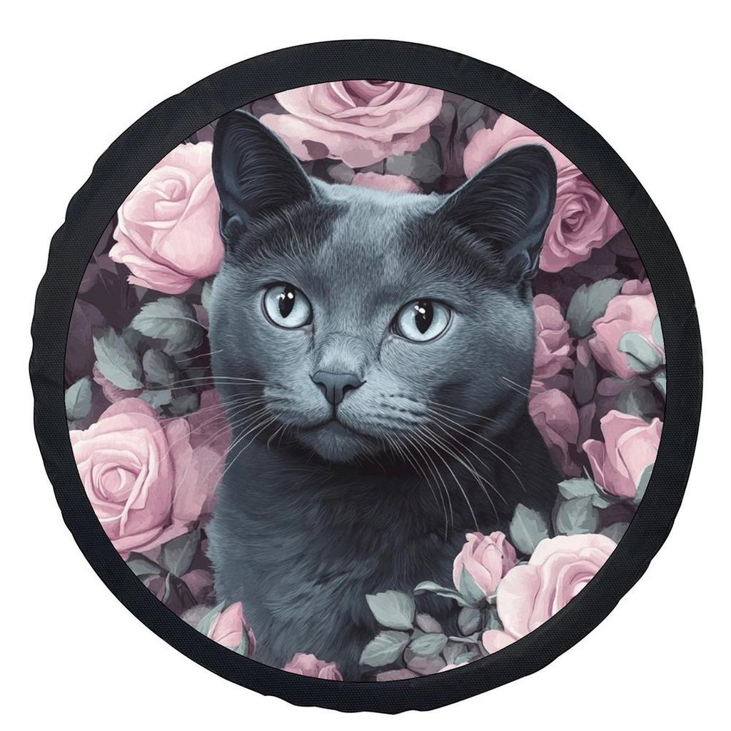 1pc Cat & Roses Wheel Cover - Fit Car Wheel With Elegant Black/White Rose Petals & Cute Cat Design, Durable Tire Cover For Cars,