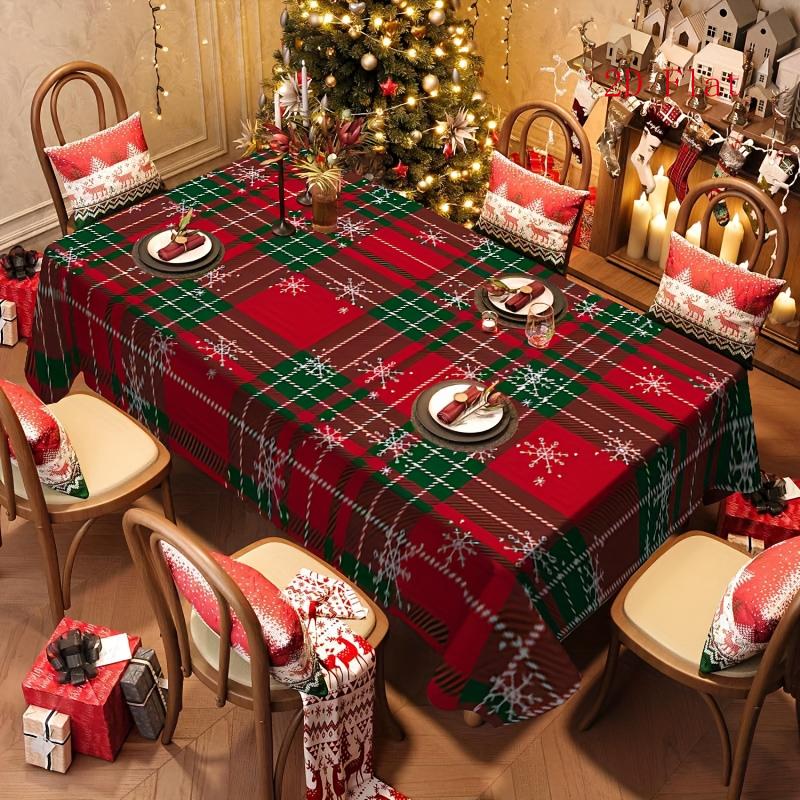 2D Flat 1pc - Festive Red And Green Plaid Snowflake Tablecloth - Suitable for Christmas And New Year Decorations, Winter Tablecloth, Made of Polyester