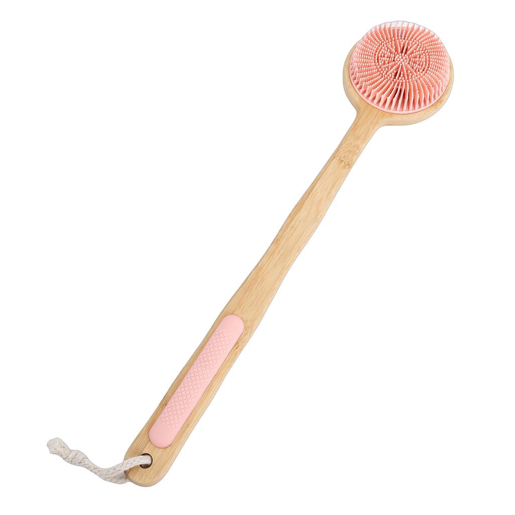 Double Sided Shower Brush Long Handle Exfoliating Dry Wet Use Nylon Silicone Bath Body Brush Pink