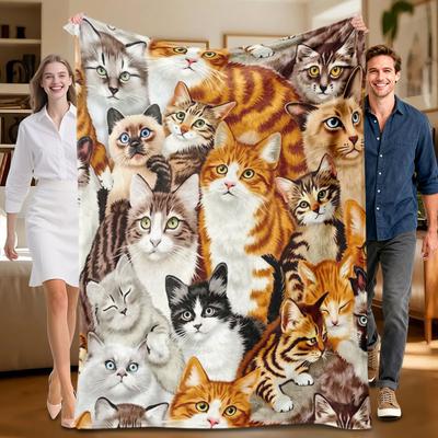 1 Piece Cat-themed Multicolor Flannel Blanket, Soft, Suitable for Sofa, Bed, Office, All-season Use.