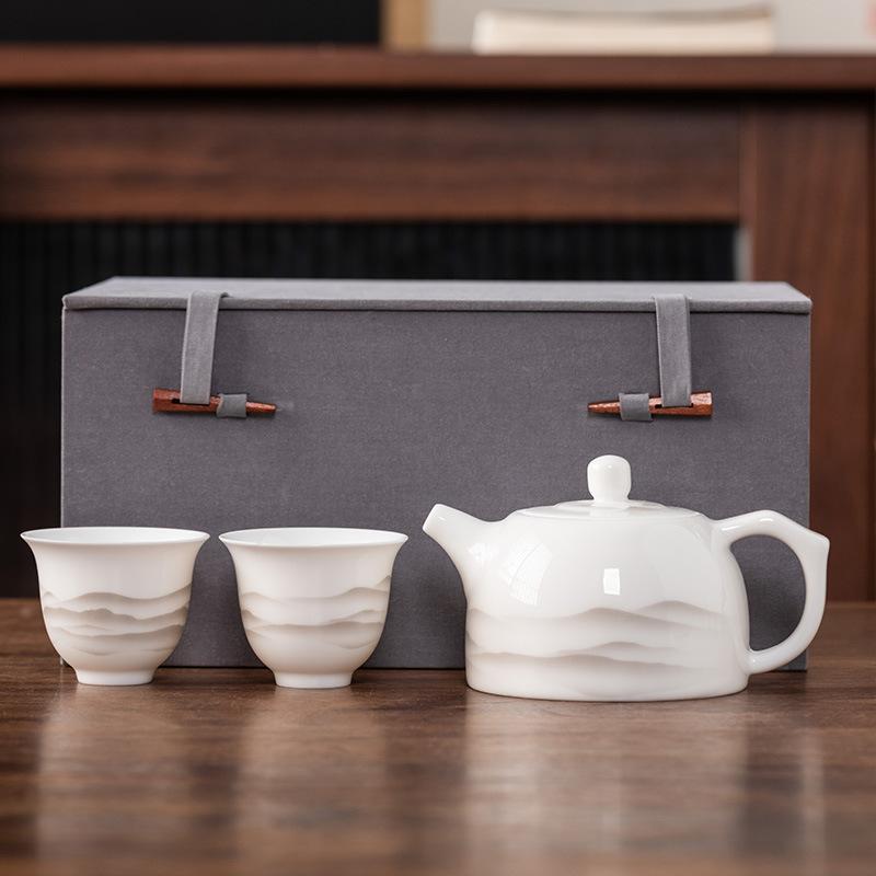 Beam Pot One Pot and Two Cups Suet Jade Porcelain Light Luxury Kung Fu Tea Set Kuaike Cup High-end Brocade Box Gift Box