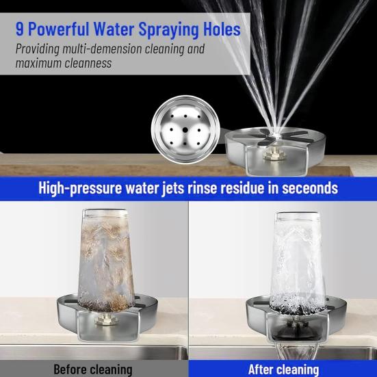 Vysokotlaký oplachovač skla 6 čepelí 9 otvorů Lis na EU zástrčku Automatické čištění Nerezová myčka na poháry Čistič Domácí bar Příslušenství ke kavárně