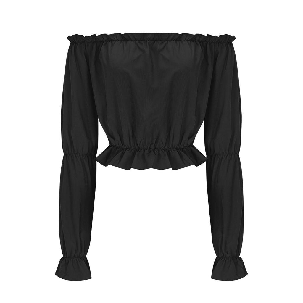 Women's Fashion Solid Color Long Sleeved Off Shoulder Pleated Strapless And Exposed Navel Shirt Top