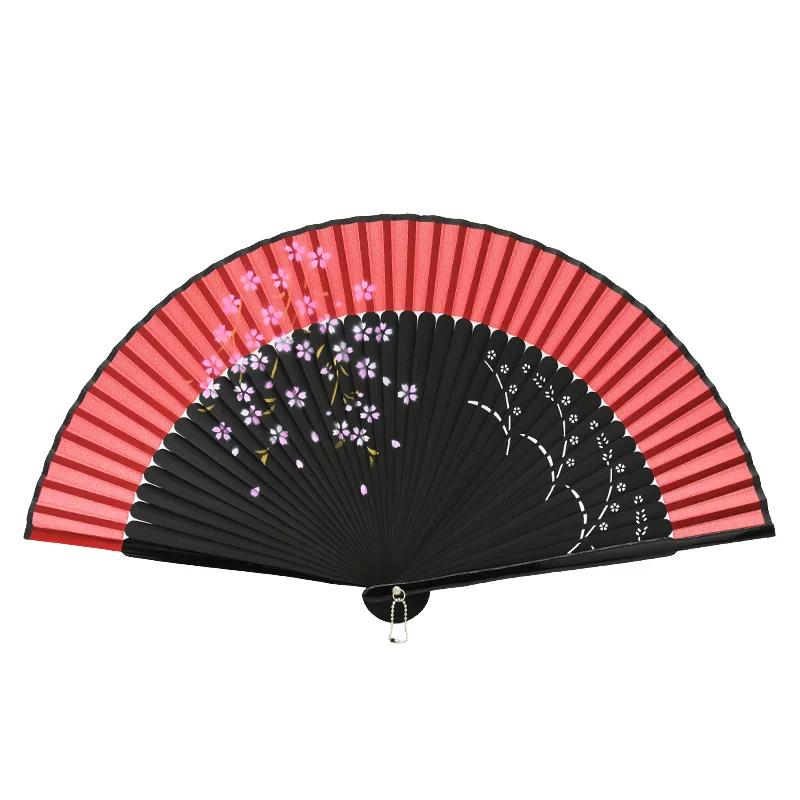 Mengyilian Chinese Style Cherry Blossom Fan Black Cheongsam Han Dynasty Archaic Folding Fan Dance Bamboo Foldable Japanese Style Chinese Folding Fan