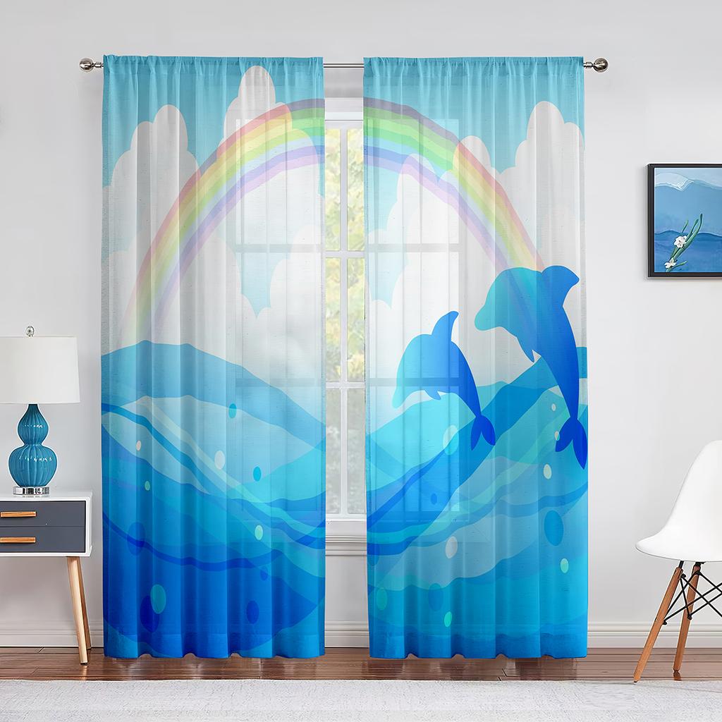 Cartoon Ocean Animal Sheer Voile Curtain Dolphin Sea Lion Whale Window Tulle Curtains for Living Room Kids Bedroom Kitchen Decor