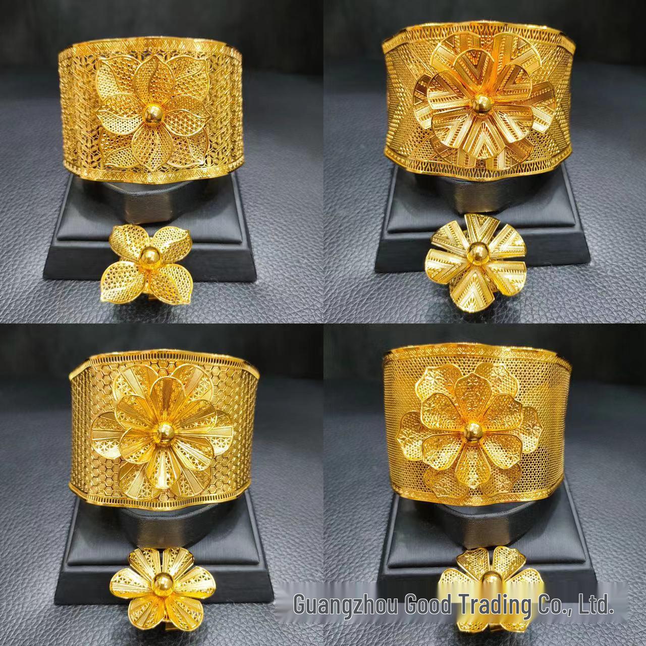 

Dubai 24k Gold-Plated Floral Bridal Jewelry Set - Ethnic Style Bracelet & Ring