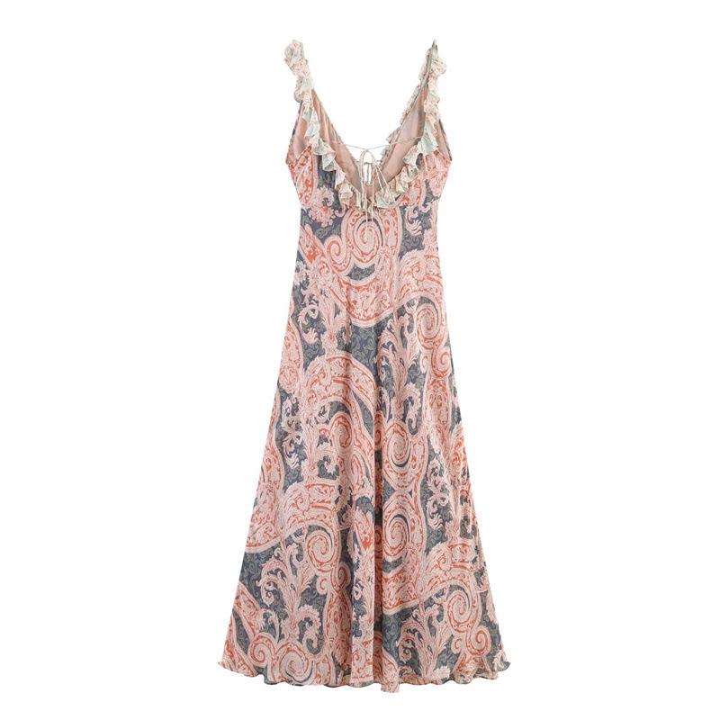 Summer Ethnic Floral Ruffle Spaghetti Strap Dress L