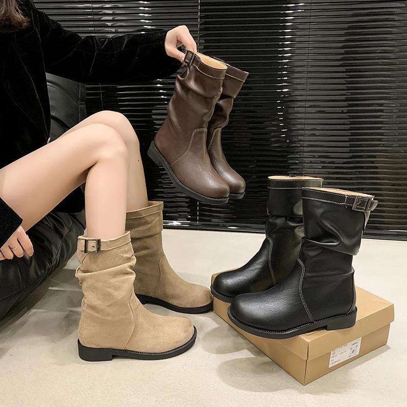 Fashion Spring Autumn Belt Buckle Women Ankle Boots Fashion Square Low Heels Casual Short Bootas Ladies Slip On Shoes