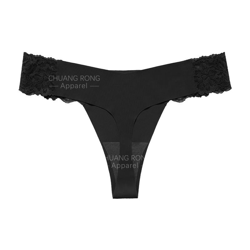 

European and American sexy lace splicing girls underwear large size low waist seamless ice silk pure cotton crotch fitness thong S чёрный