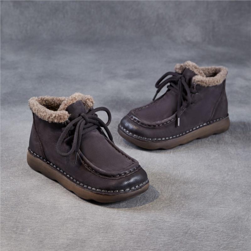 Johnature Winter Thick Plush Warm Cotton Boots Genuine Leather Retro Comfortable Soft Soled Women's Flat Ankle Boots